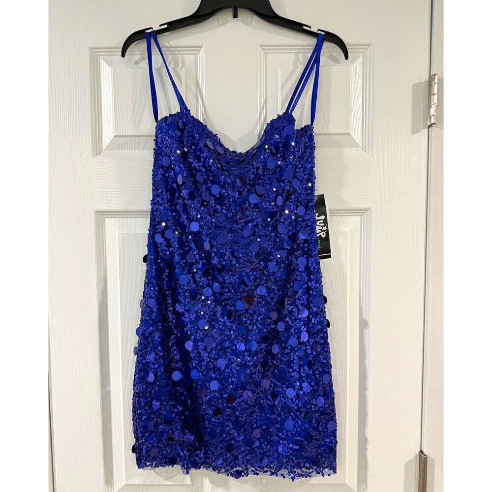 NWT Jump Apparel Blue Sequin Cowl Neck Slip Dress Short Strappy - M Lined